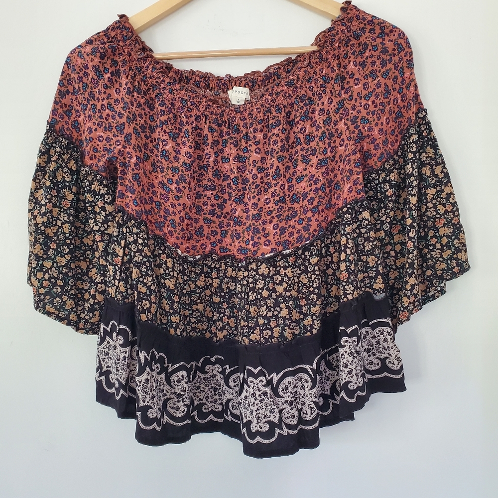 AEROPOSTALE S On/Off Shoulder Floral Ruffle Top Elastic Neckline 3/4 Bell Boho